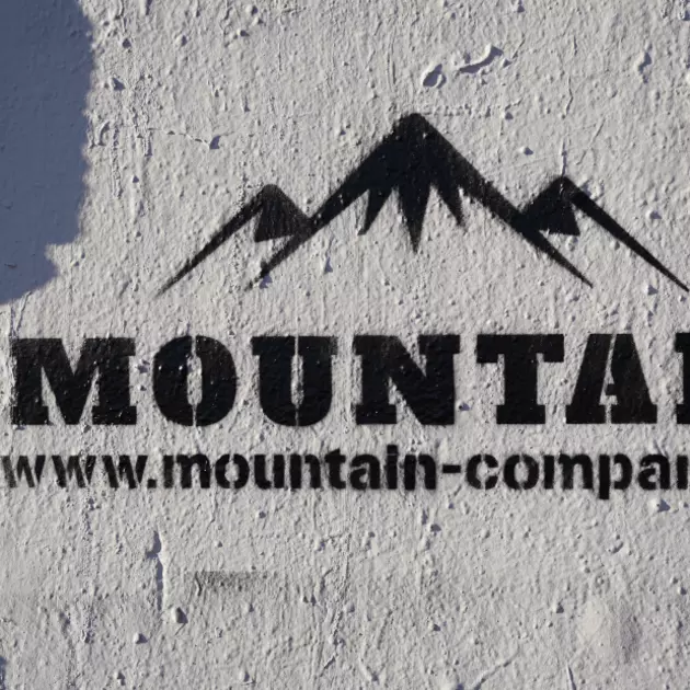 Logo mit Internetadresse an Wand gesprüht