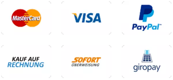 Logos von: MasterCard, Visa, PayPal, Pay direkt, Sofort Überweisung und giropay