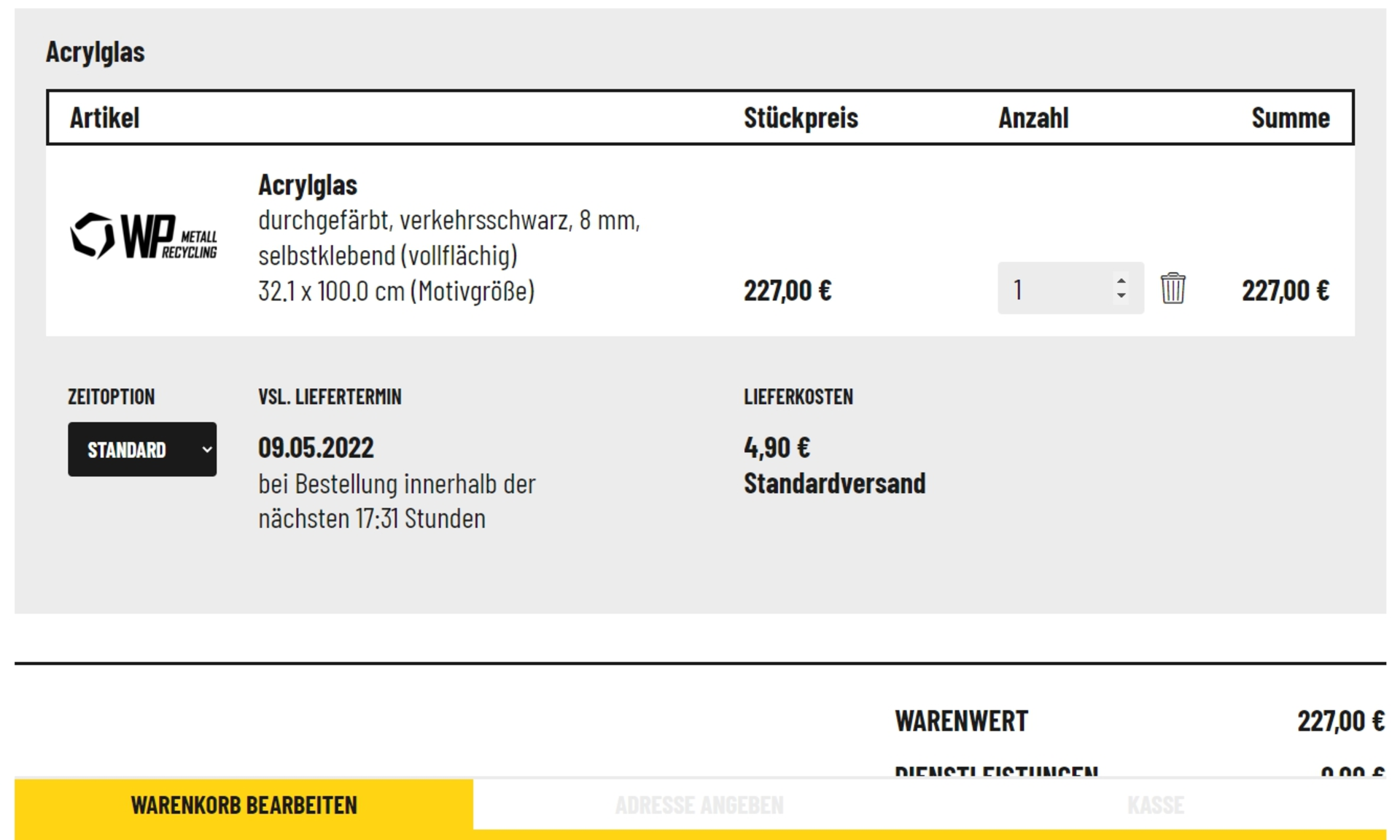 Warenkorb mit Produkt und Lieferzeitangabe