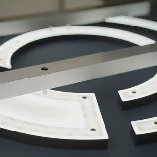 Rear view of LED logo. The elaborate construction ensures the logo's weather resistance.